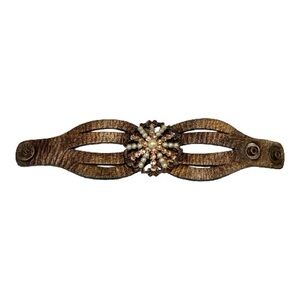 Leatherock USA Bronze Leather Cuff Bracelet Rhinestone & Pearl Floral Center EUC